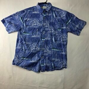 Island Blue Nautical Fish & Sailboat Print Shirt Men's Size L Blue